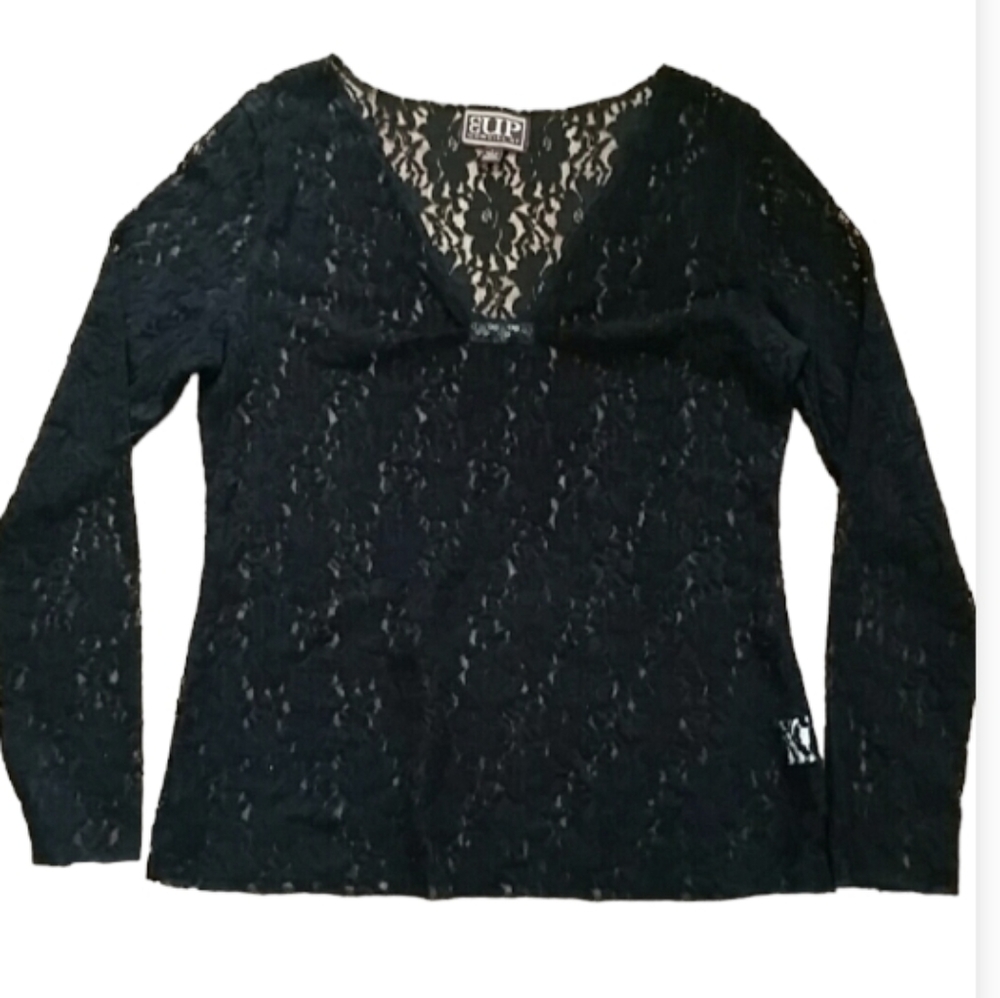 Cowgirl Up Womans Black Lace Long Sleeve See Thru Top with Sequins Size Large‎